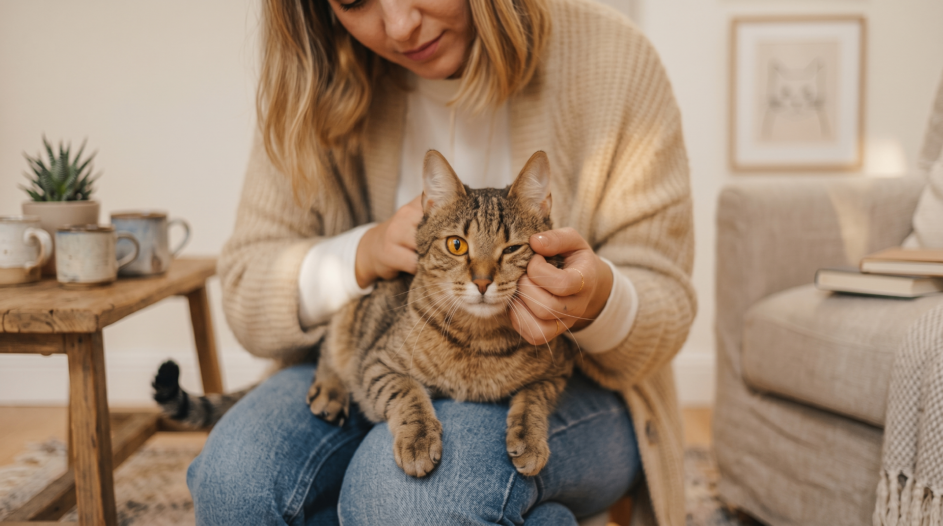 Detalle editorial — gato en el regazo, presencia y calma