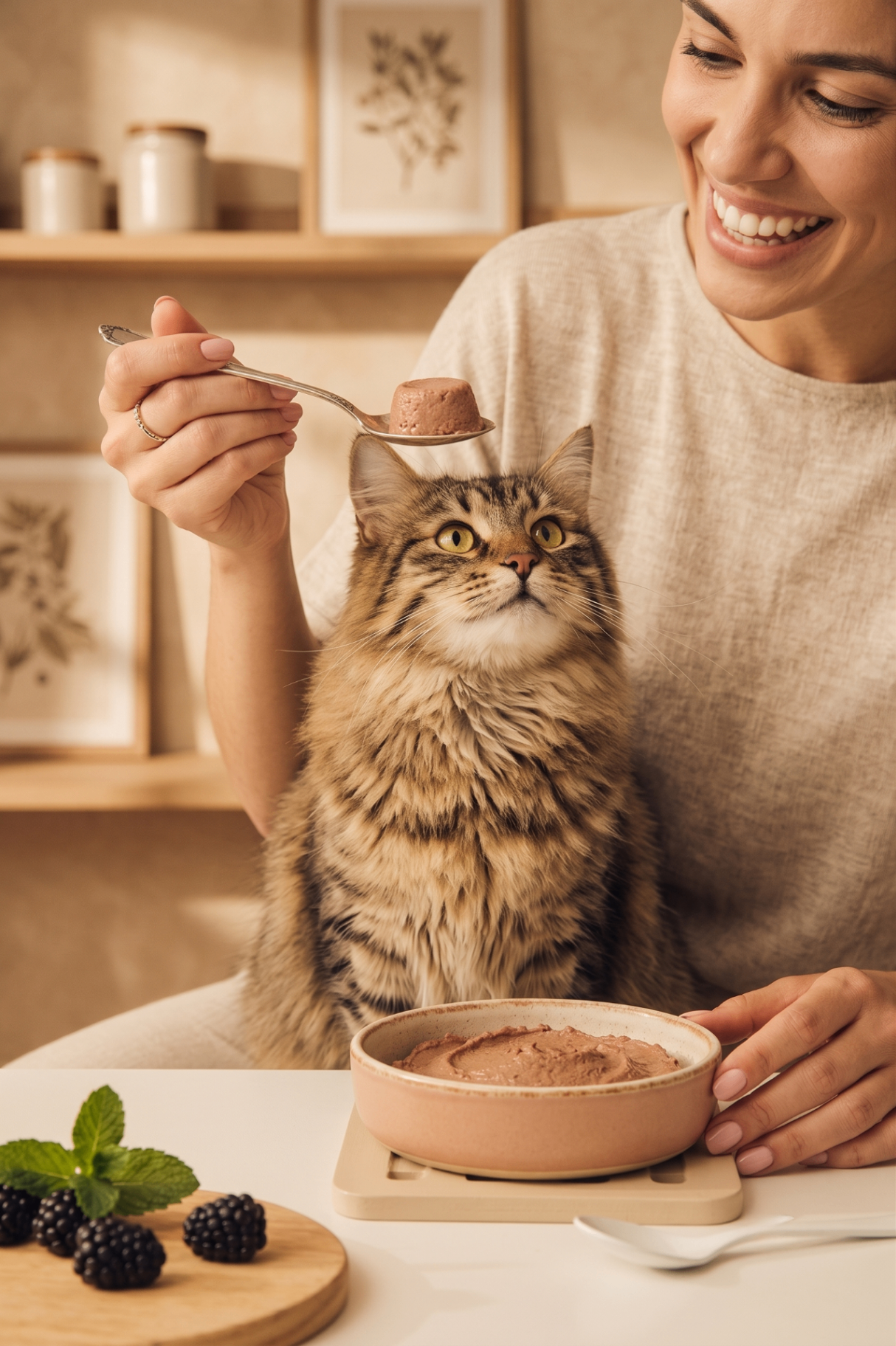 Mujer alimentando a su gato con cariño y calma